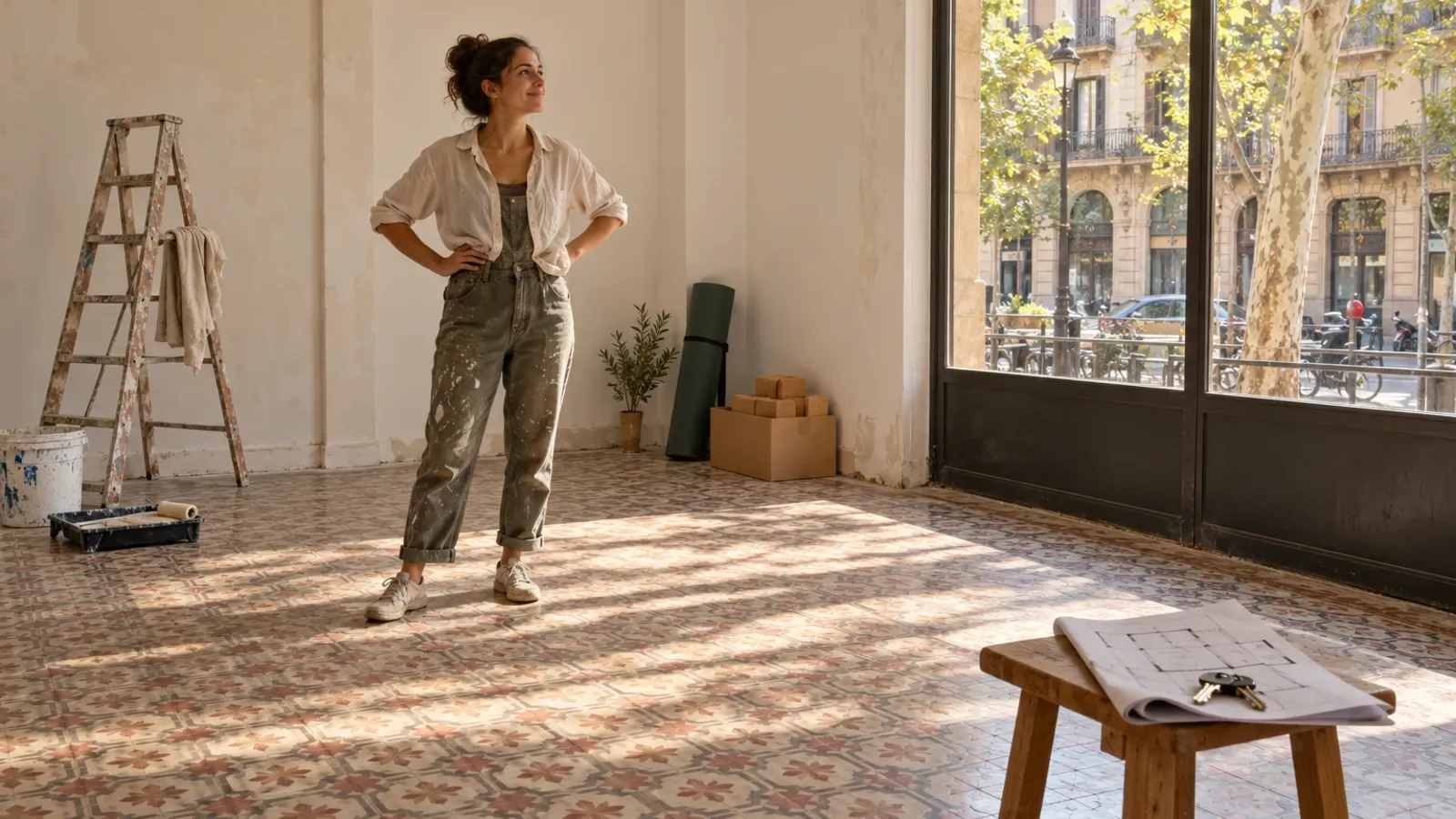Un local vacío recién alquilado en el Eixample, con una escalera y una caja de bloques de yoga, y una mujer mirando alrededor