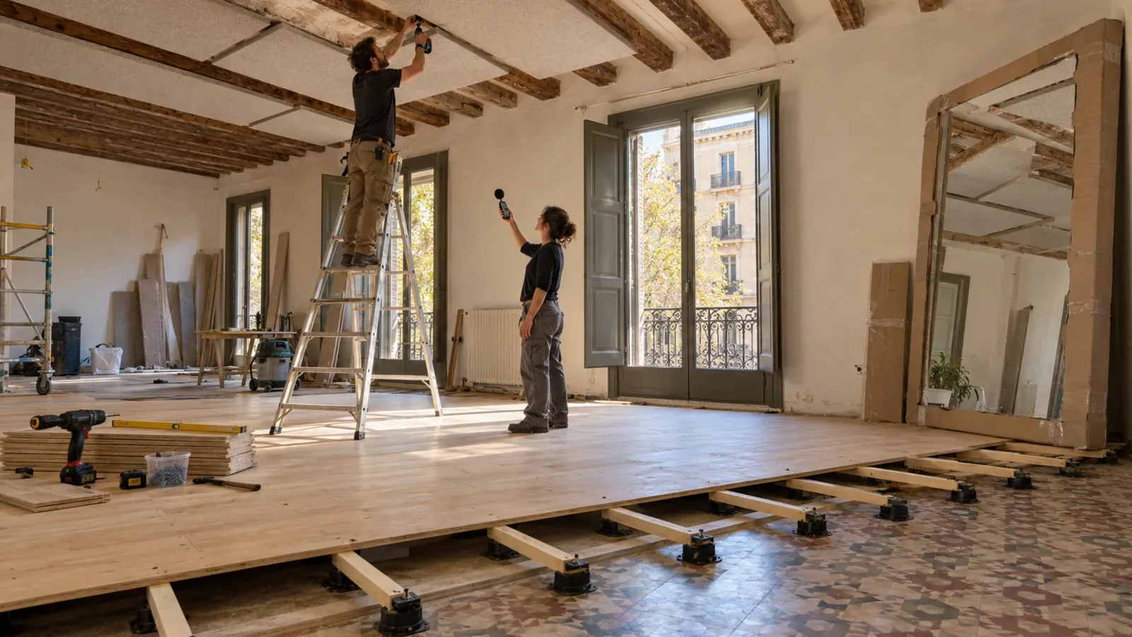 Obra de insonorización en una sala de un edificio del Eixample antes de abrir