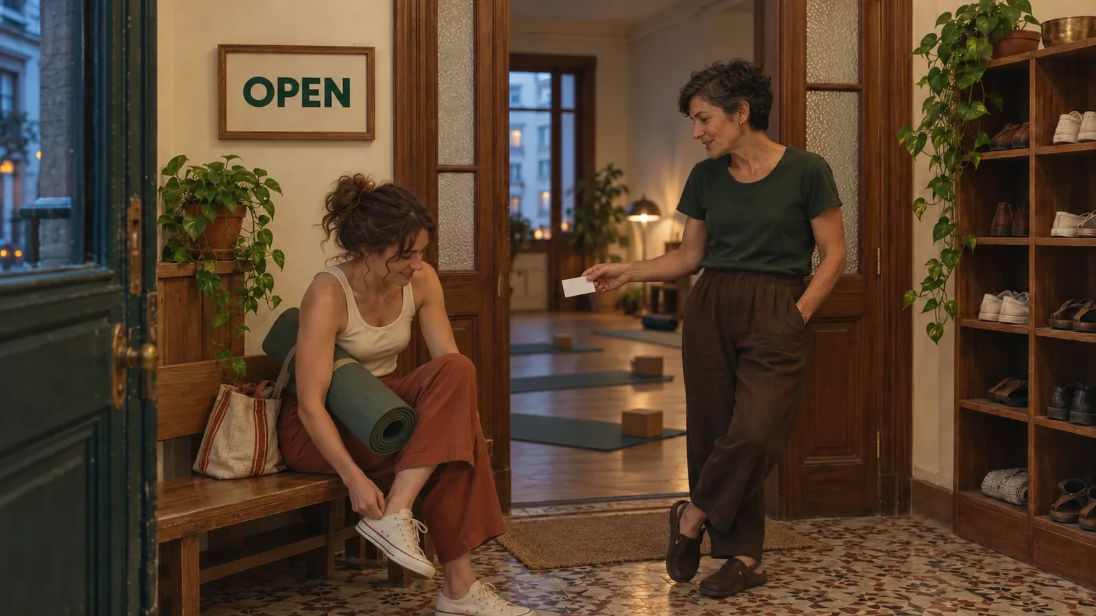 Una profesora charla en la puerta con una alumna nueva después de su primera clase