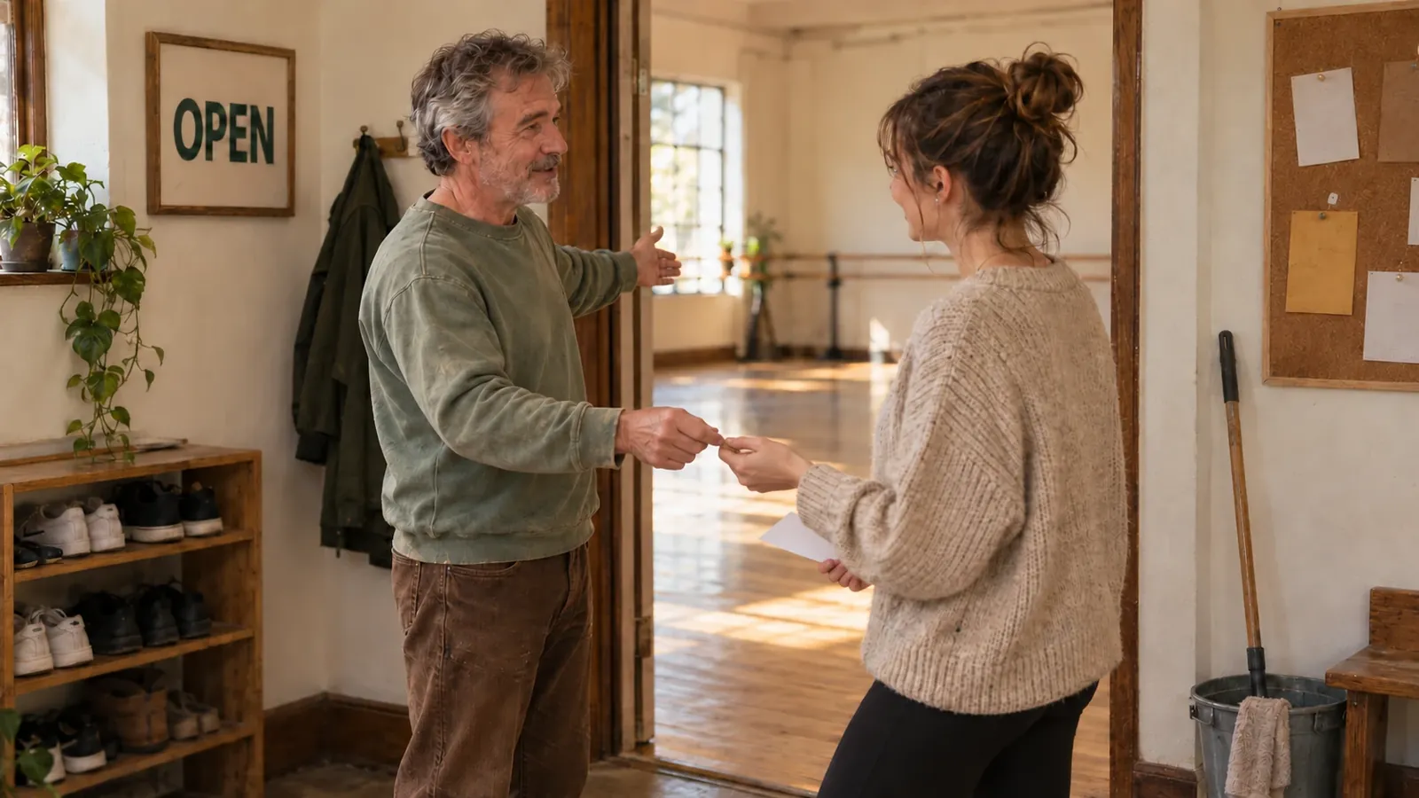The studio owner hands a spare key and a sheet of paper to a teacher who will rent the room