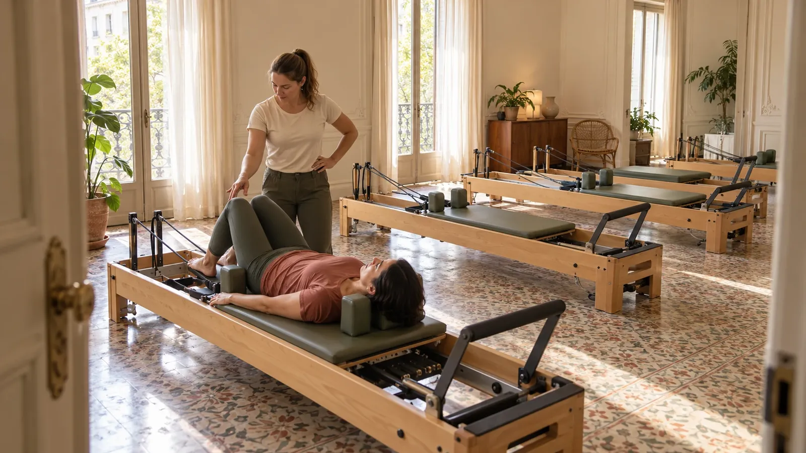 Sala de pilates reformer en un piso del Eixample, con seis máquinas de madera en dos filas y una profesora ajustando un muelle