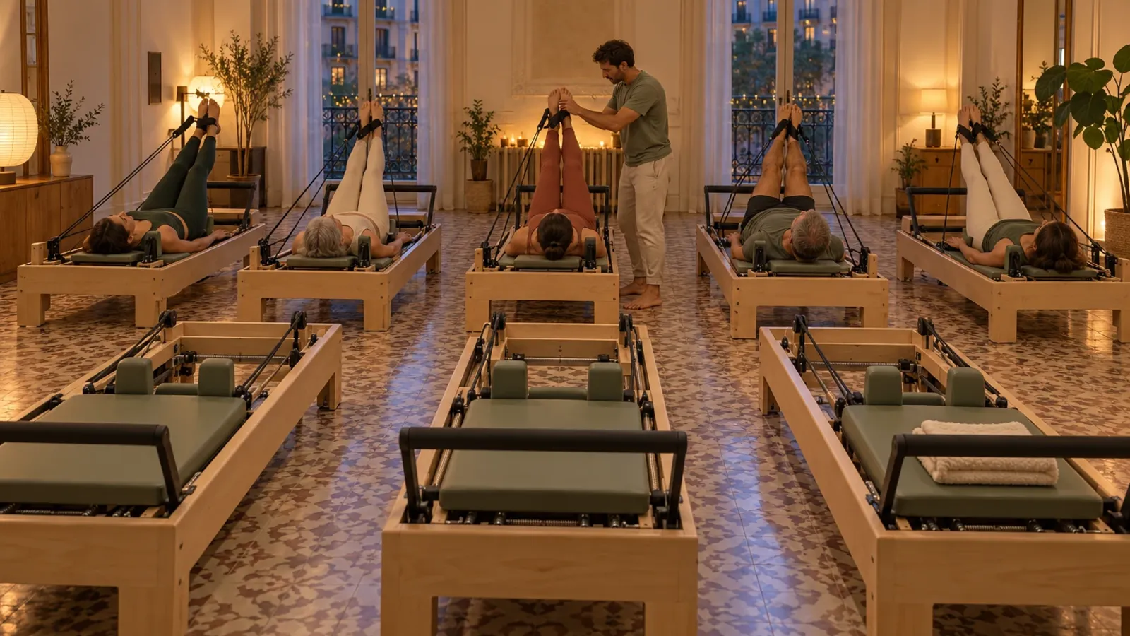 Clase de reformer al atardecer con cinco de las ocho máquinas ocupadas