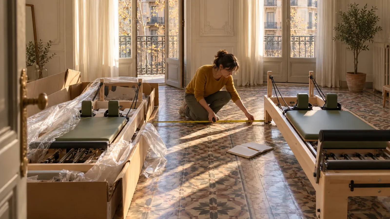Una mujer mide con una cinta métrica el espacio entre dos reformers nuevos en un piso del Eixample