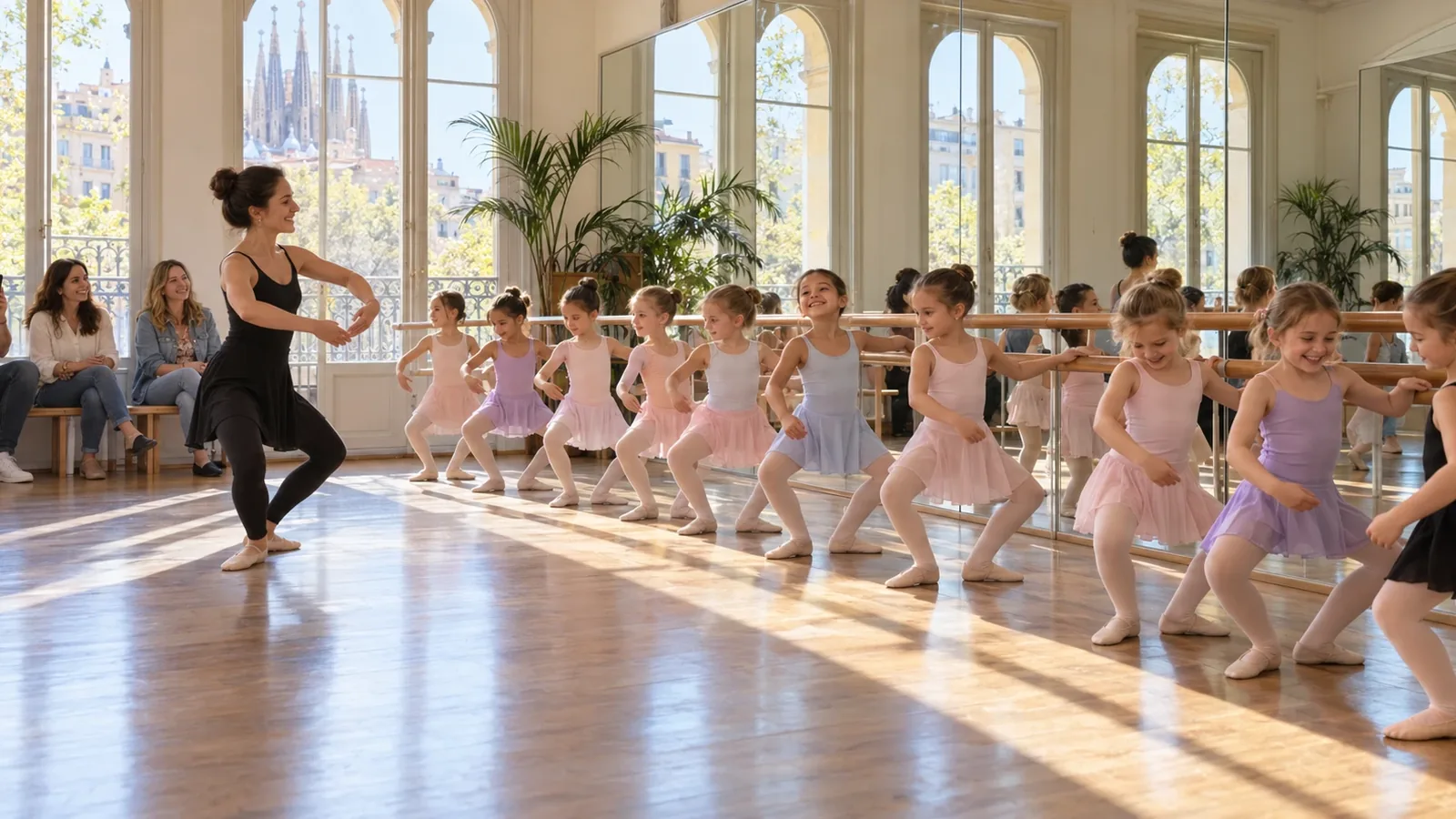 Classe de ballet infantil un dissabte al matí en una escola de dansa de Sants, amb pares esperant en un banc al fons