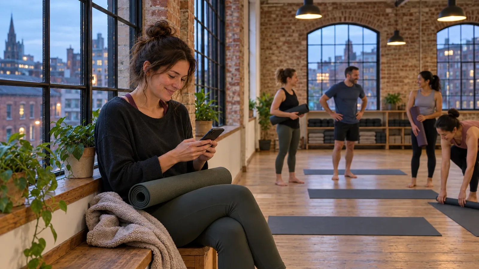 A woman on a wooden window seat in a converted brick warehouse studio, smiling at her phone with a rolled mat on her knees, while a teacher and a few people set up mats in the warm room behind her