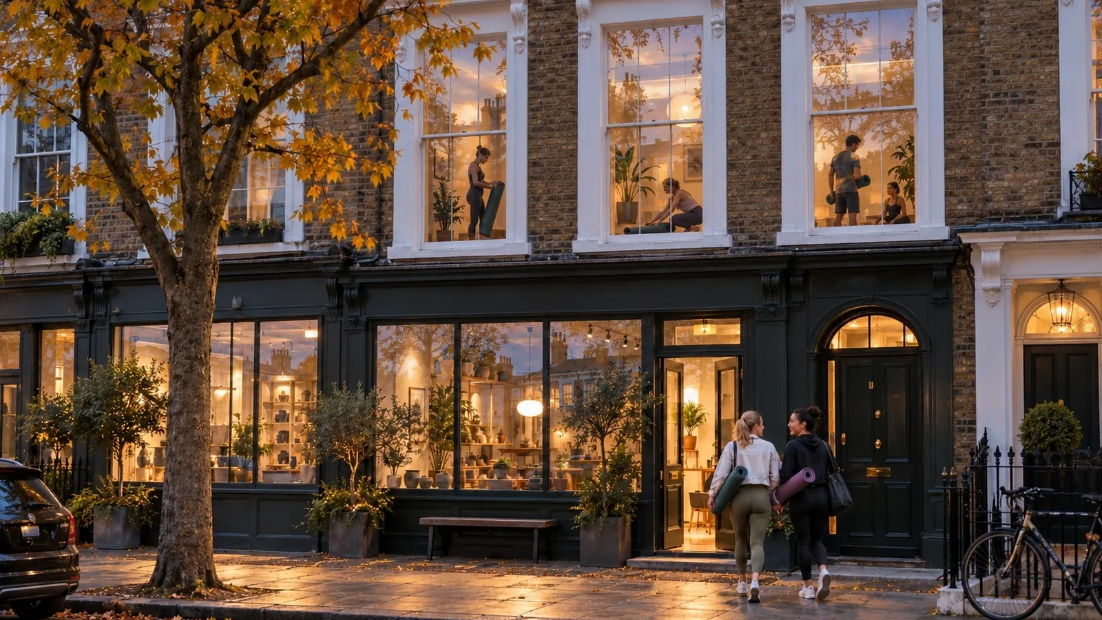 Warmly lit first-floor windows of a yoga and pilates studio above a London high street in the early evening, with two friends carrying rolled mats towards the street door