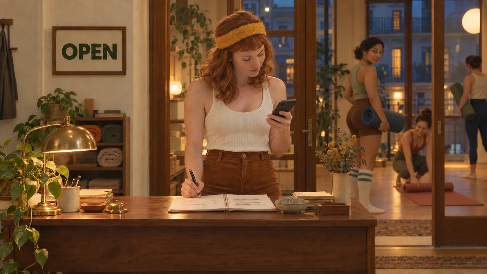A studio owner answers messages on her phone at the front desk as the class starts
