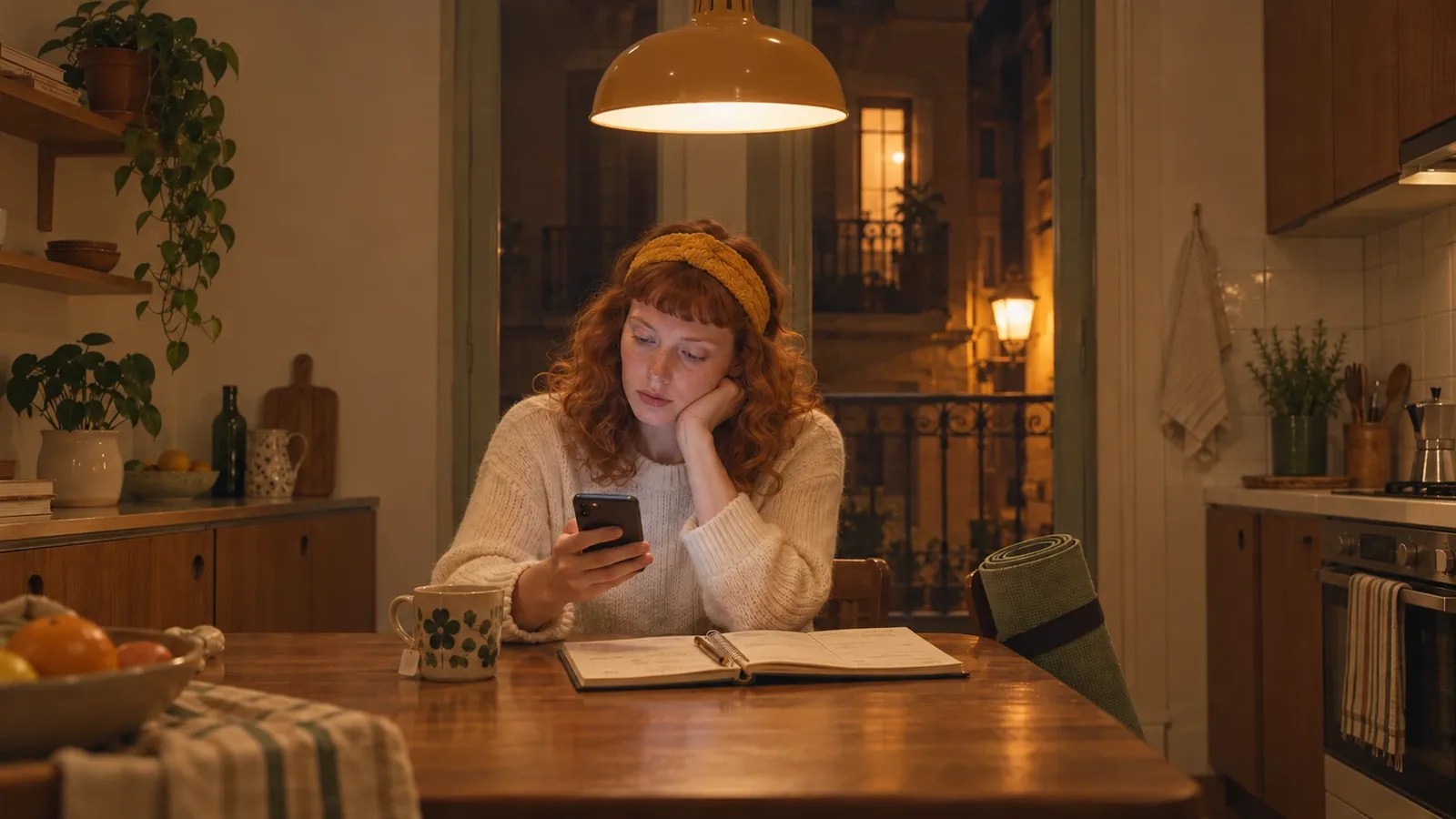 A teacher answering messages at her kitchen table at night, with a paper diary beside her