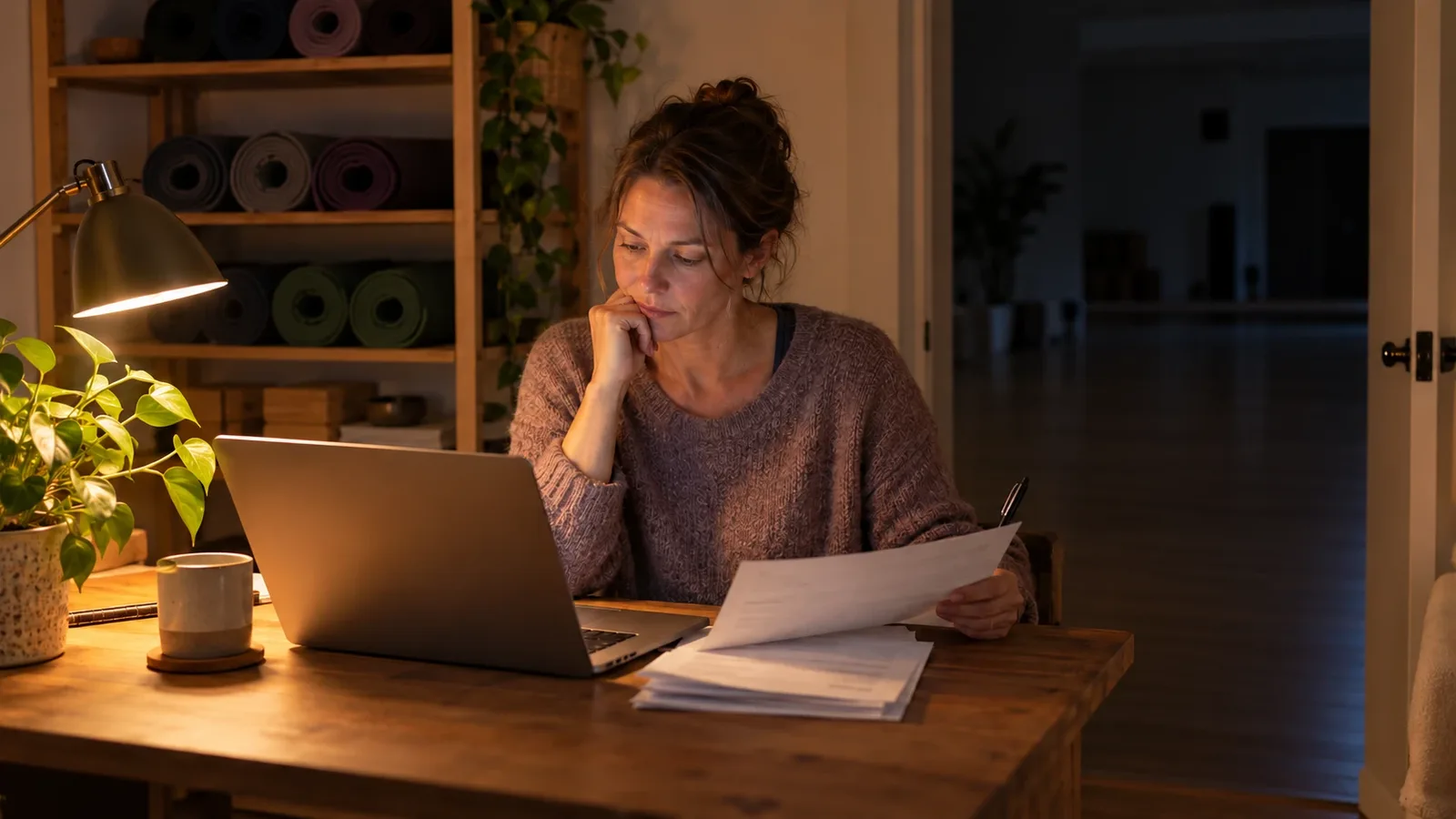 A studio owner at a wooden desk in the evening, reading a printed invoice beside her laptop, with rolled mats on the shelves behind her and the dark studio through the open door