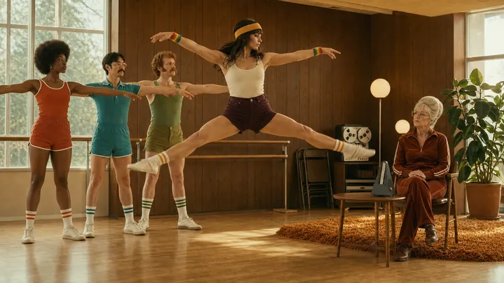 A dance class mid-movement in a sunlit studio