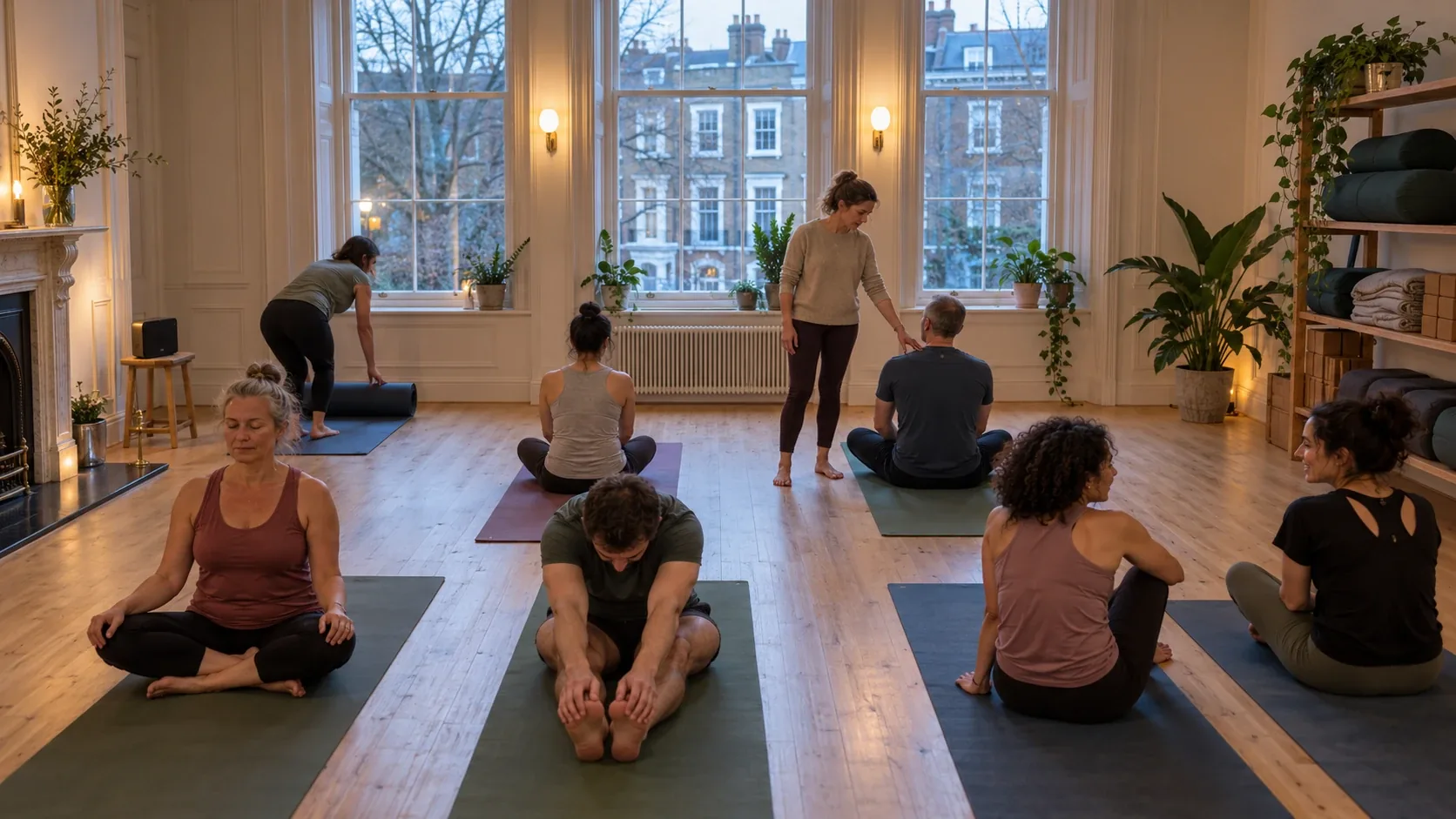 An evening class in a London studio: students settling onto their mats while the teacher checks in with a newcomer