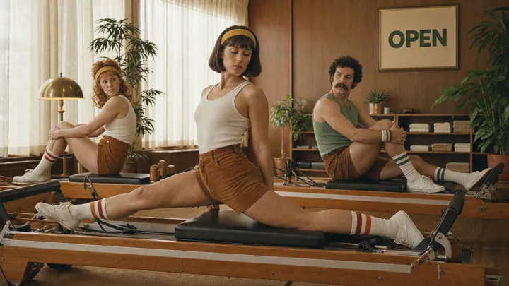 Students stretching on Pilates reformers
