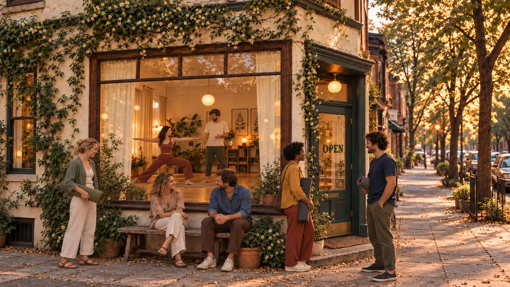 An OPEN studio on a tree-lined street at a summer dusk, people chatting outside