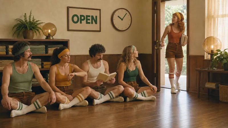 Students sitting on the studio floor waiting for class as the teacher walks in