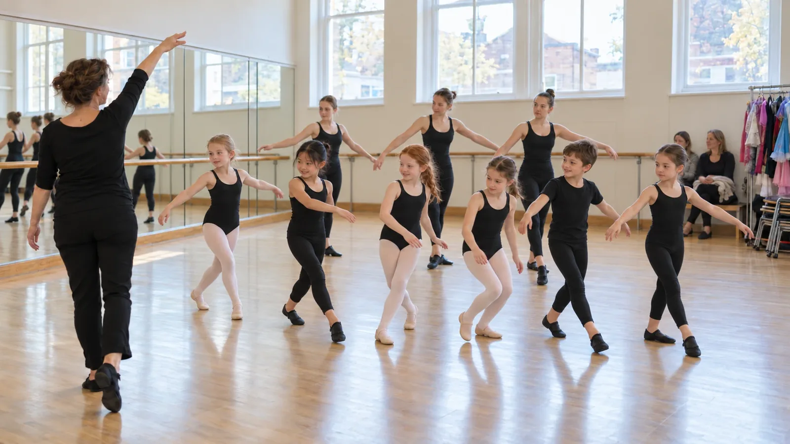 A children’s dance class in a bright mirrored studio, teachers and pupils mid-step